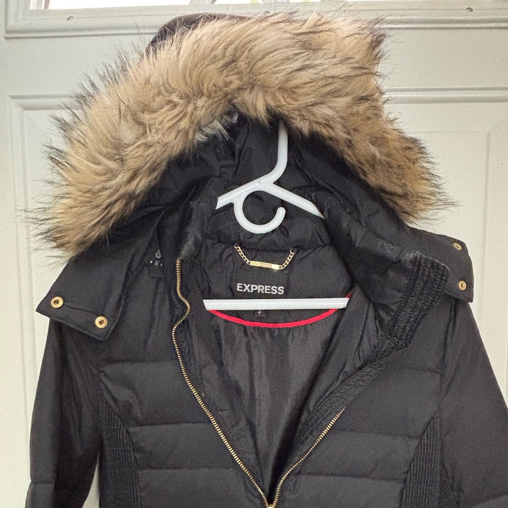 Express Black Puffer Coat with Faux Fur Trim